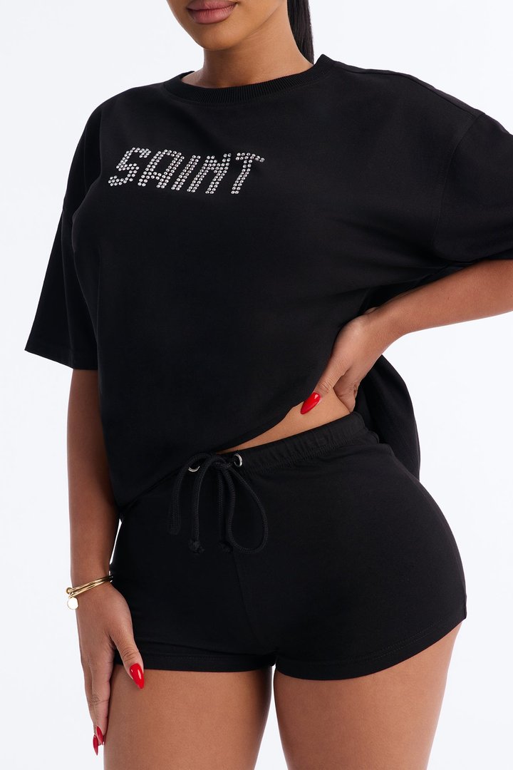Saint Girl Rhinestone Short Set - Black