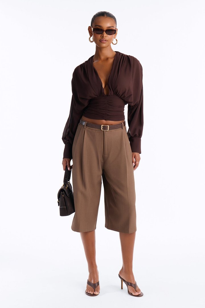 Lynna Ruched Chiffon Blouse - Brown