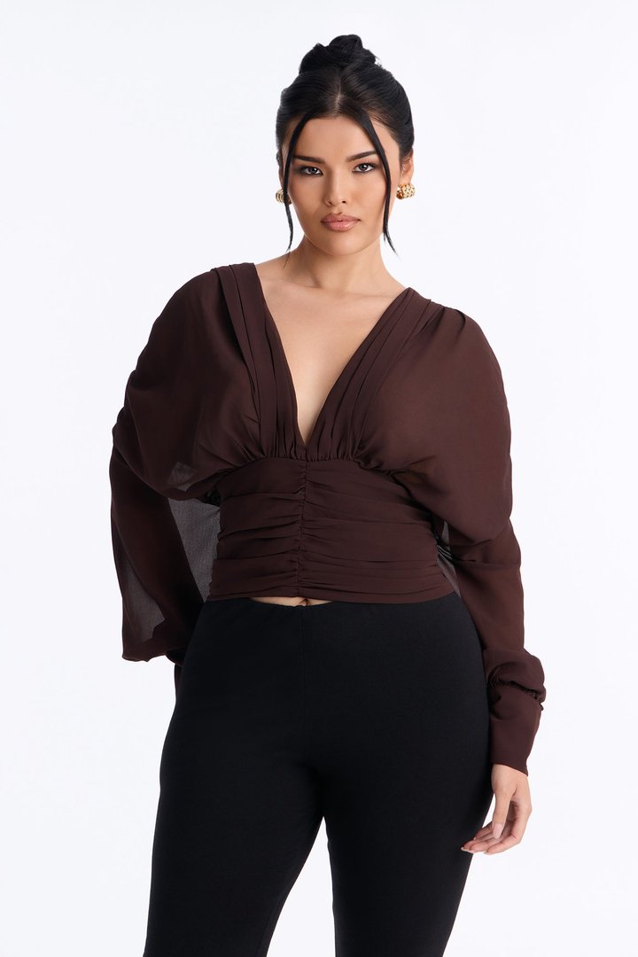 Lynna Ruched Chiffon Blouse - Brown