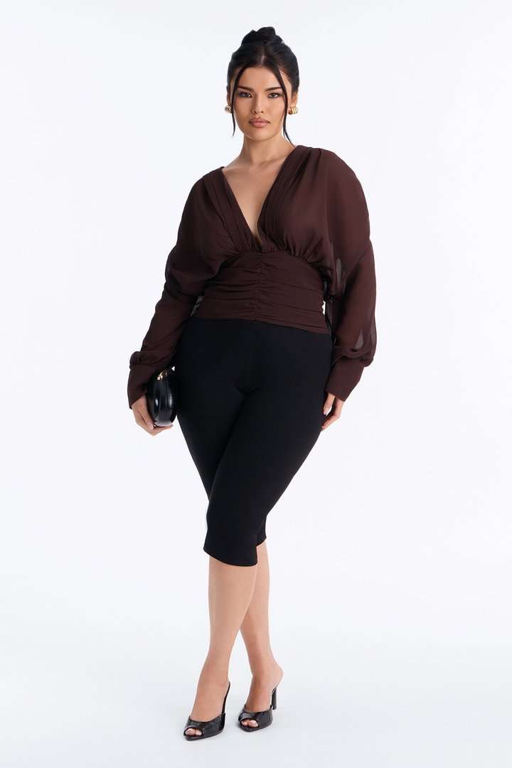 Lynna Ruched Chiffon Blouse - Brown
