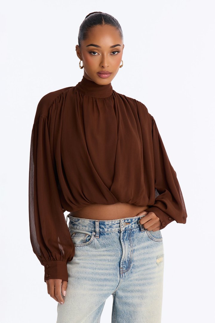 Aleana Cropped Chiffon Blouse - Brown