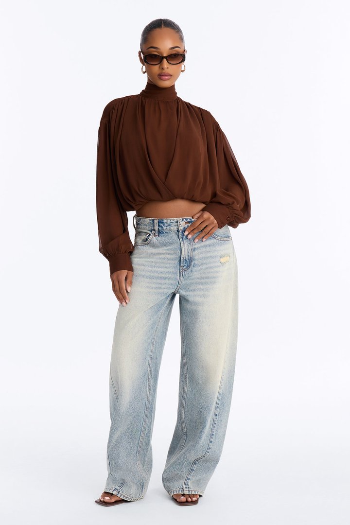 Aleana Cropped Chiffon Blouse - Brown