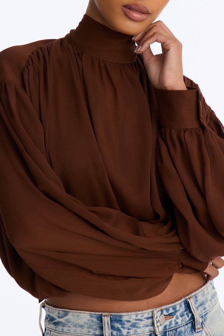 Aleana Cropped Chiffon Blouse - Brown