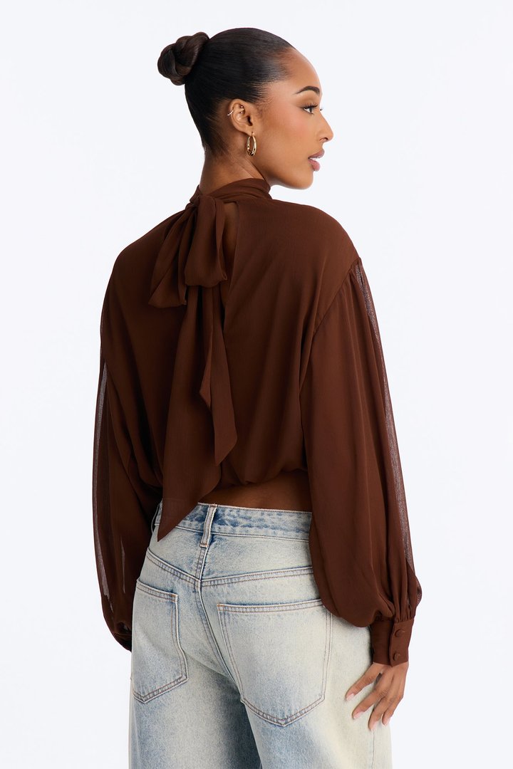 Aleana Cropped Chiffon Blouse - Brown