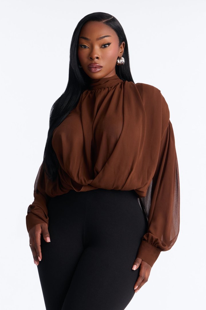 Aleana Cropped Chiffon Blouse - Brown