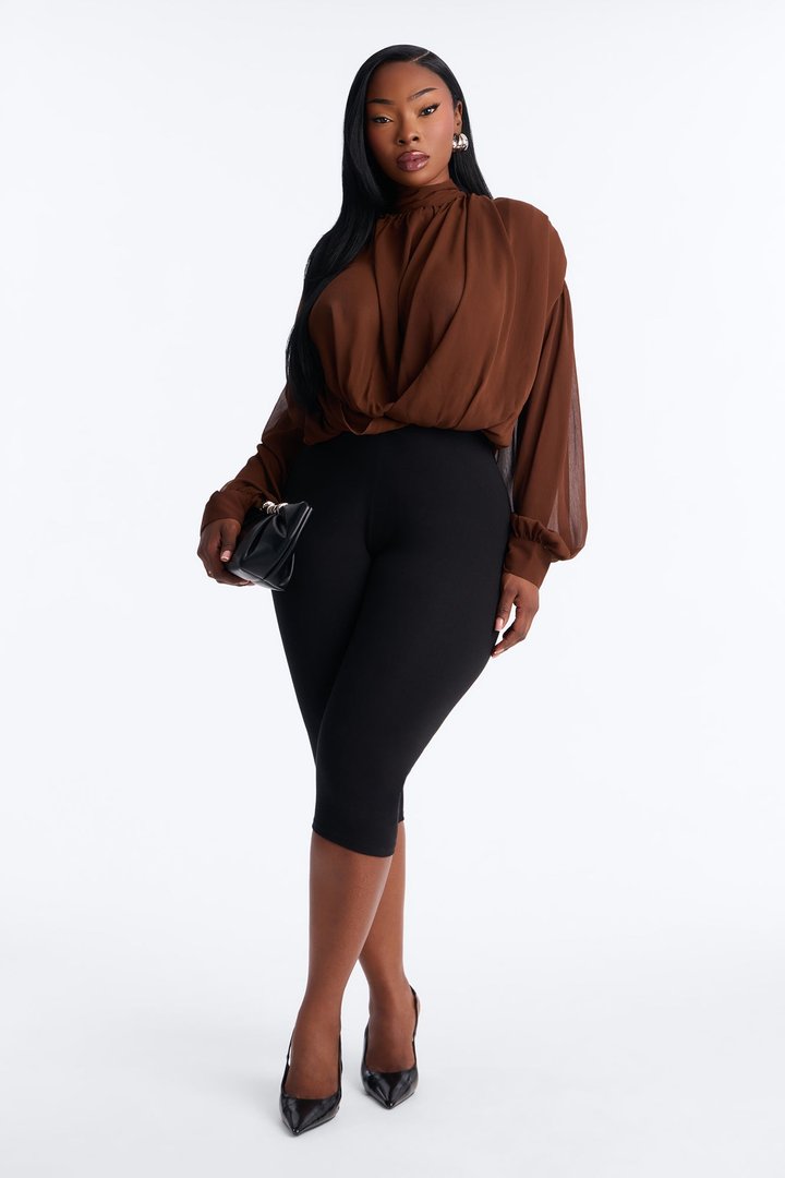 Aleana Cropped Chiffon Blouse - Brown