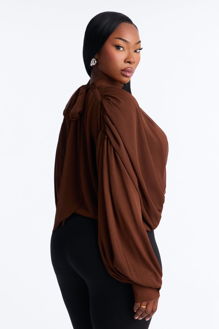 Aleana Cropped Chiffon Blouse - Brown