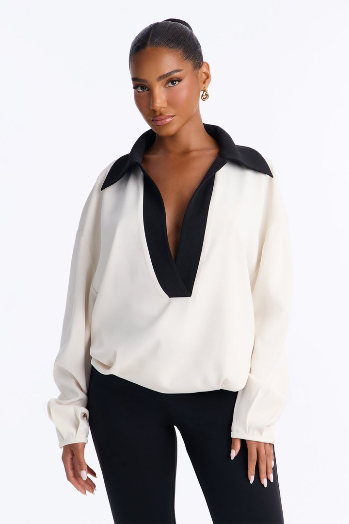 Keep You Contrast Collar Blouse - Cream/combo