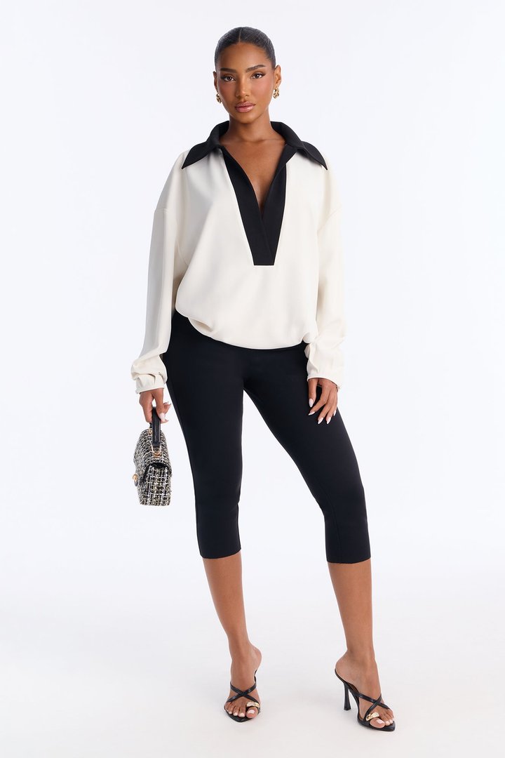 Keep You Contrast Collar Blouse - Cream/combo