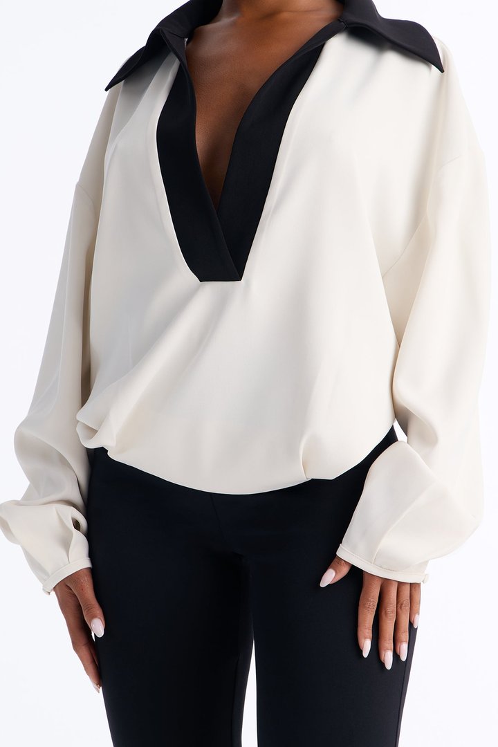 Keep You Contrast Collar Blouse - Cream/combo
