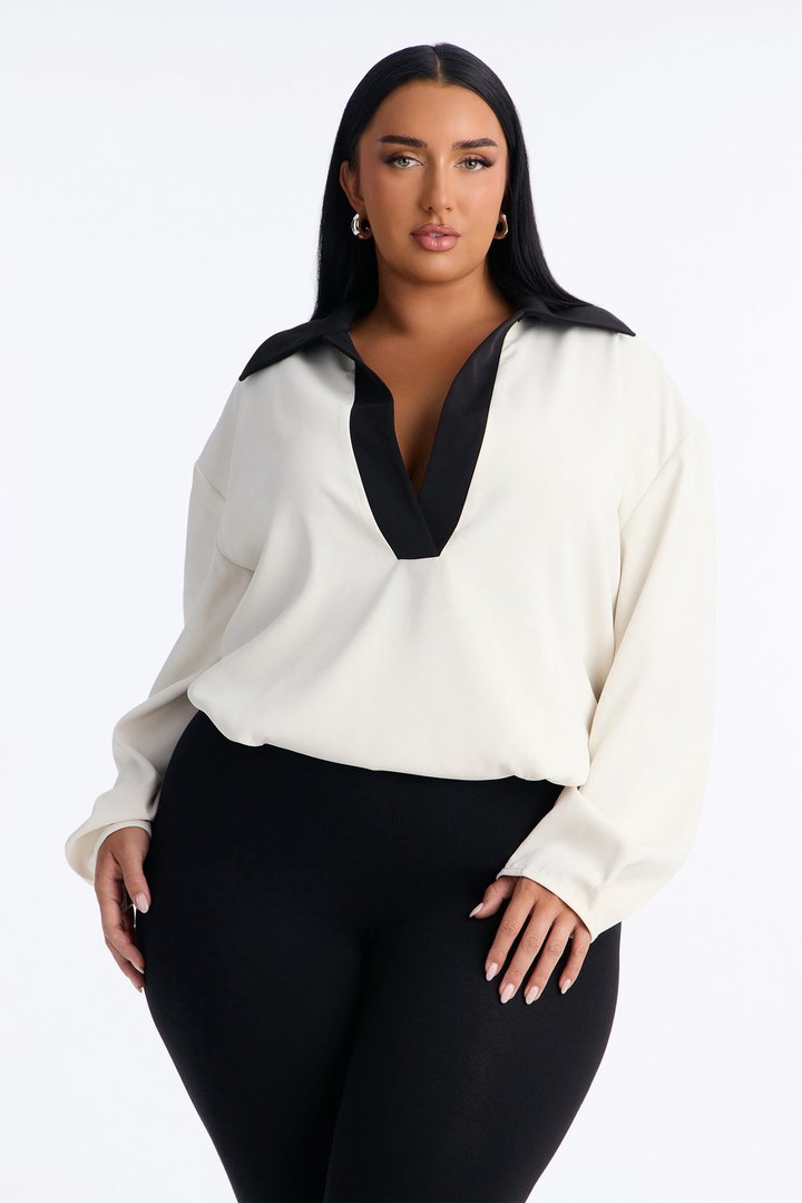 Keep You Contrast Collar Blouse - Cream/combo