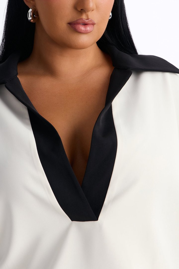 Keep You Contrast Collar Blouse - Cream/combo