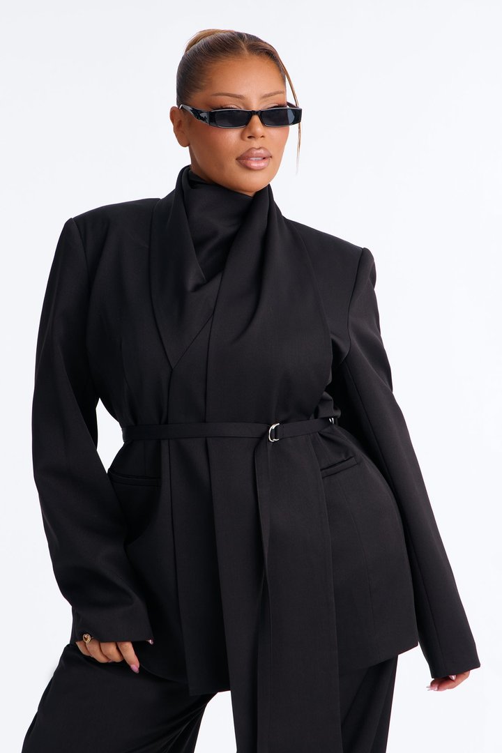 Not Your Secretary Scarf Belted Blazer - Black