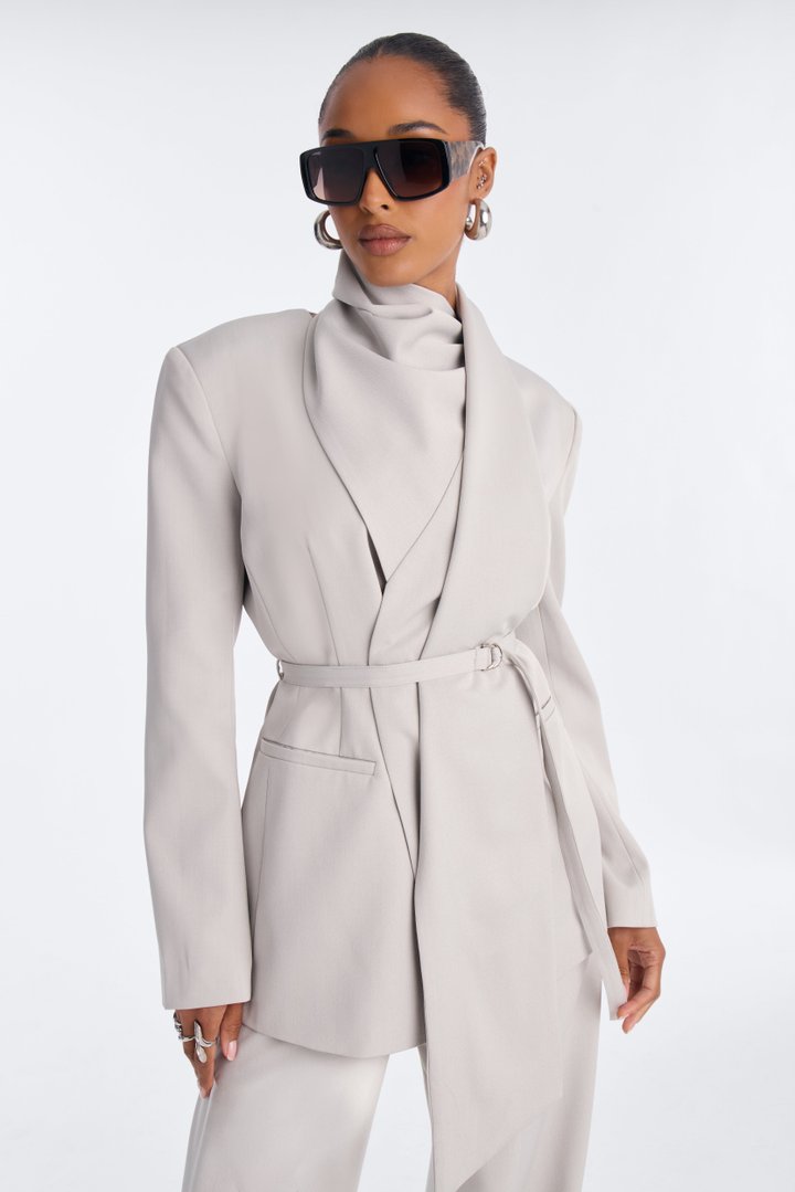 Not Your Secretary Scarf Belted Blazer - Light Grey