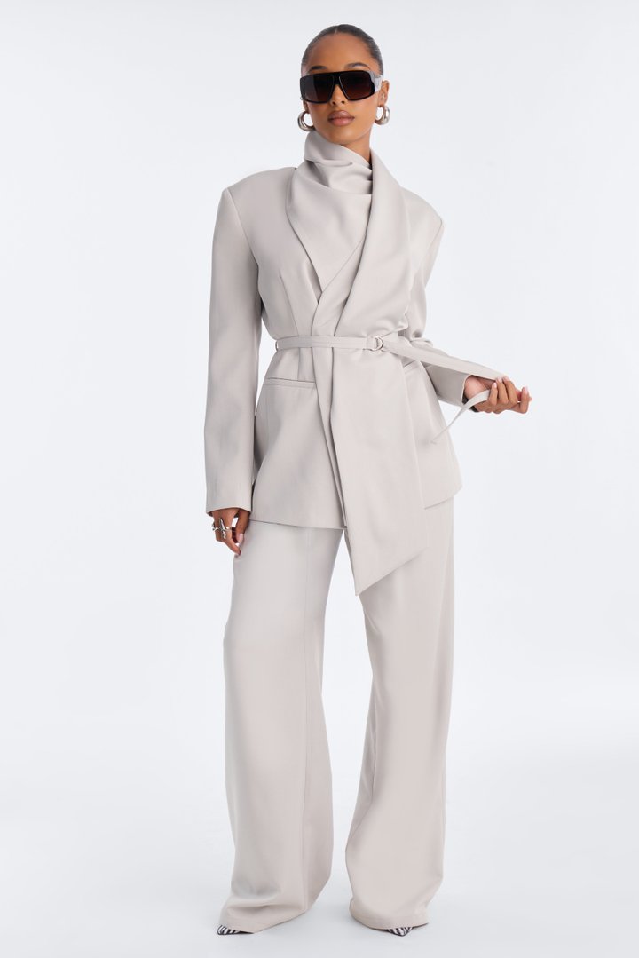 Not Your Secretary Scarf Belted Blazer - Light Grey