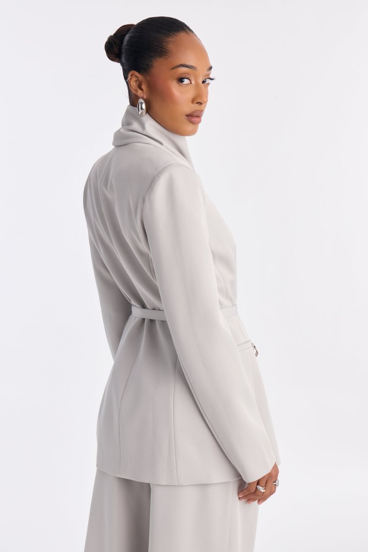 Not Your Secretary Scarf Belted Blazer - Light Grey