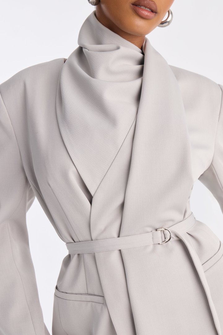 Not Your Secretary Scarf Belted Blazer - Light Grey