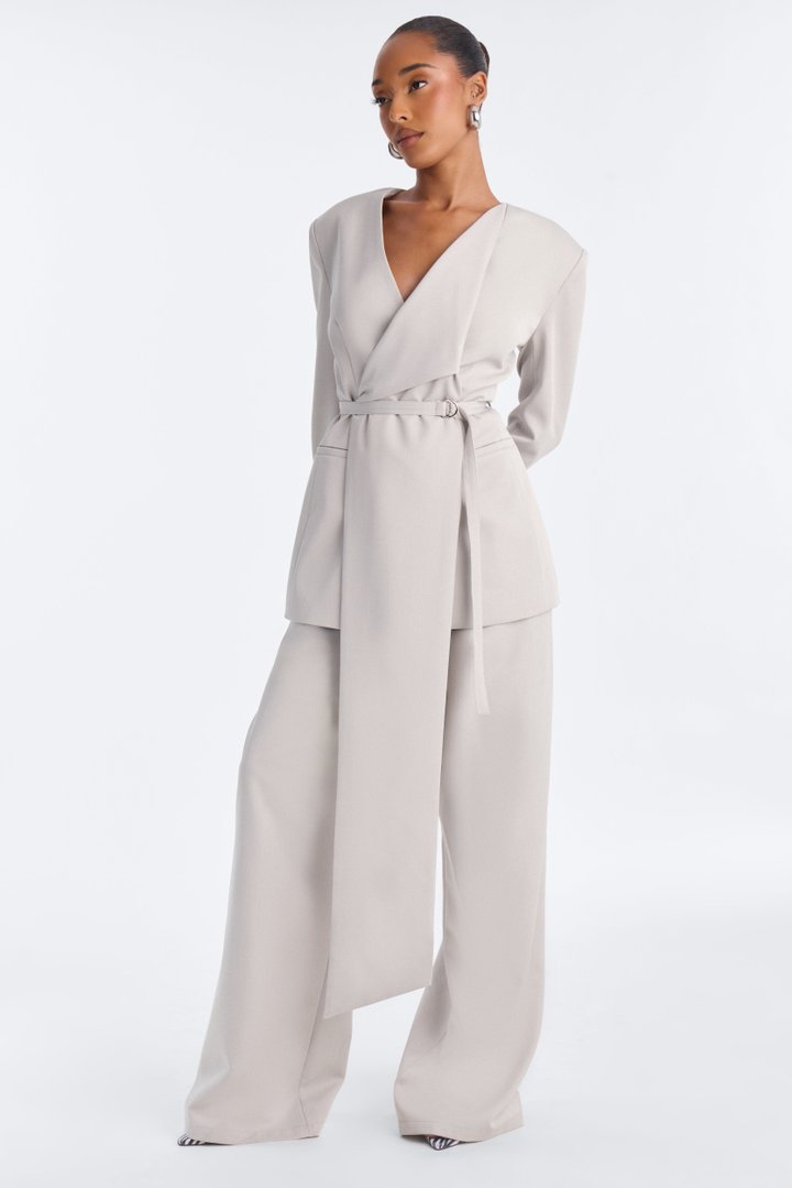Not Your Secretary Scarf Belted Blazer - Light Grey