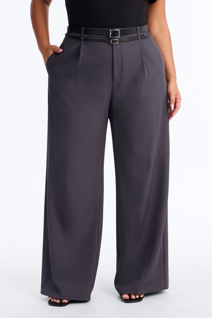 Geraldine Belted Wide Leg Trousers 33″ - Charcoal