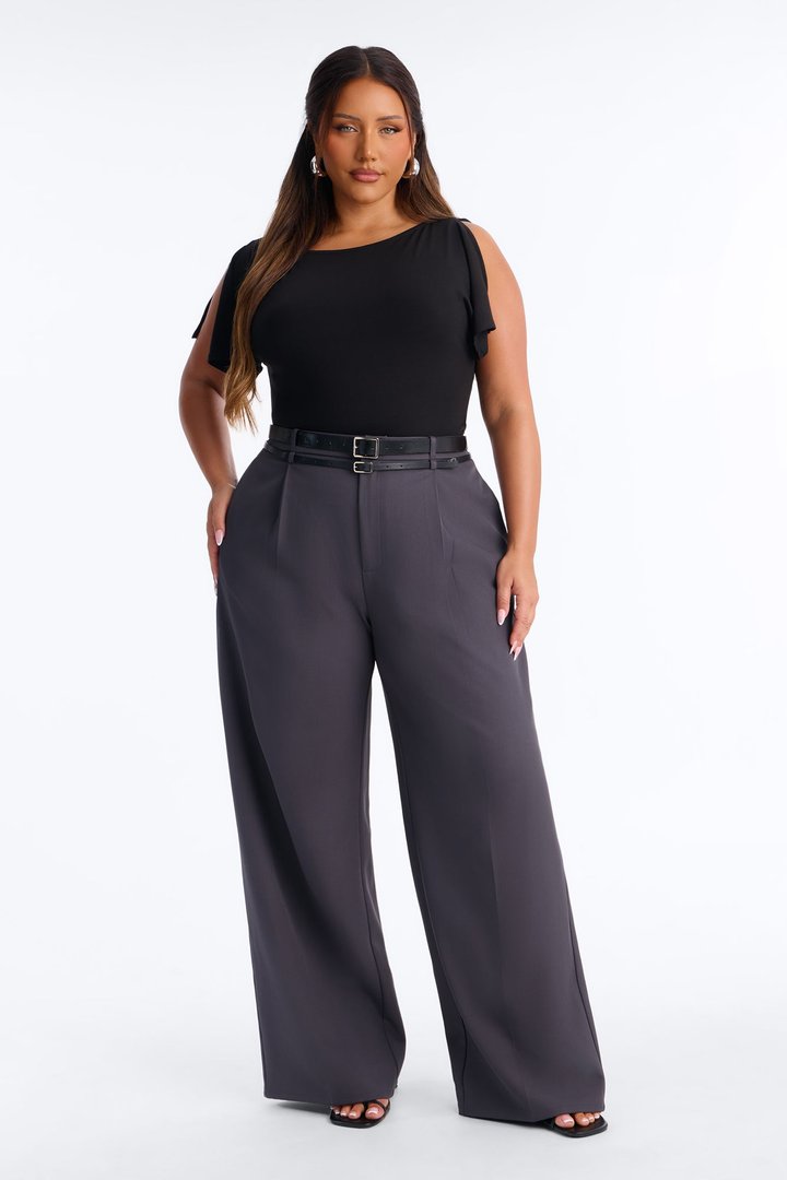 Geraldine Belted Wide Leg Trousers 33″ - Charcoal