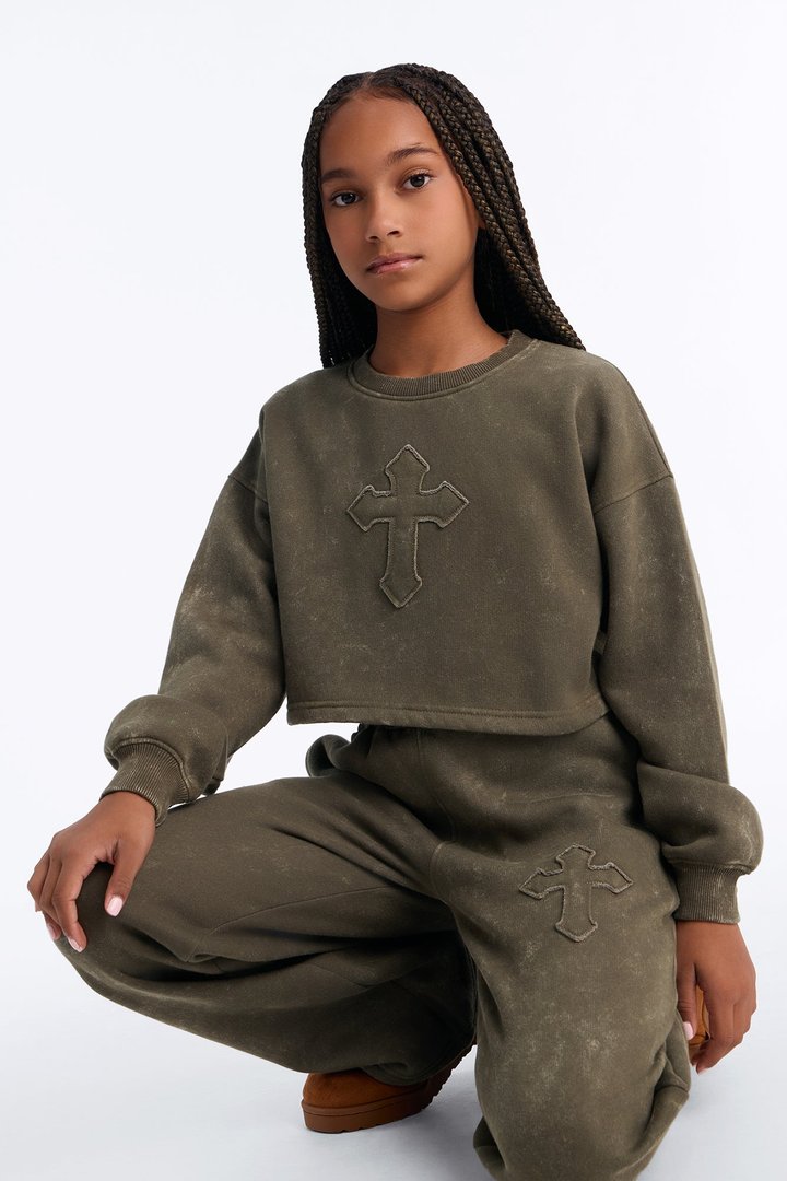 Mini Hidden Cross Fleece Pant Set - Olive
