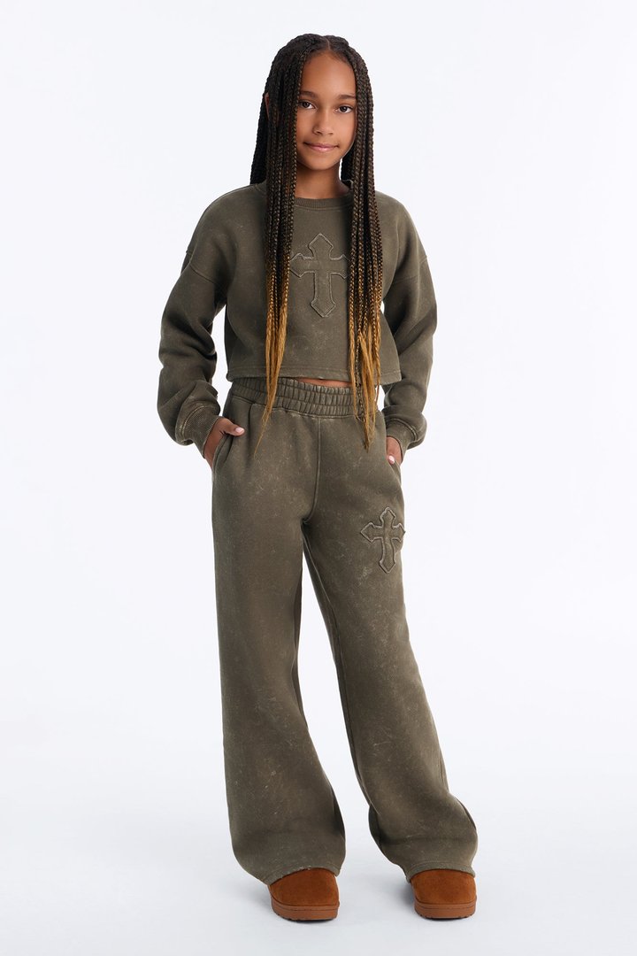 Mini Hidden Cross Fleece Pant Set - Olive