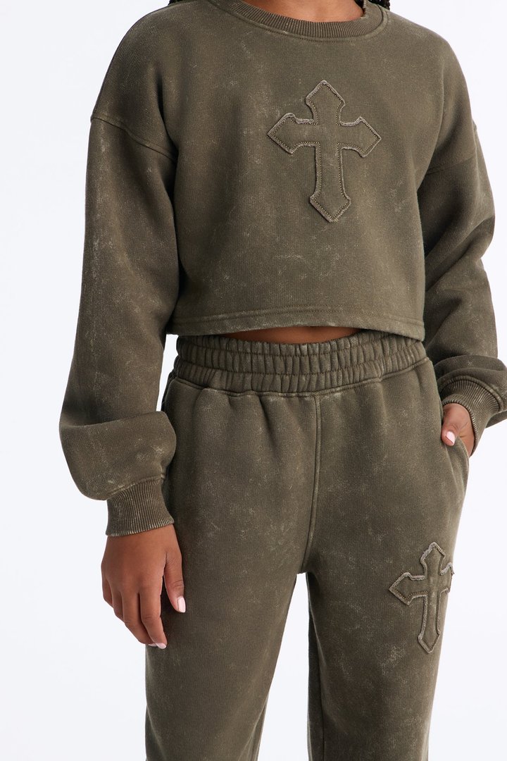 Mini Hidden Cross Fleece Pant Set - Olive
