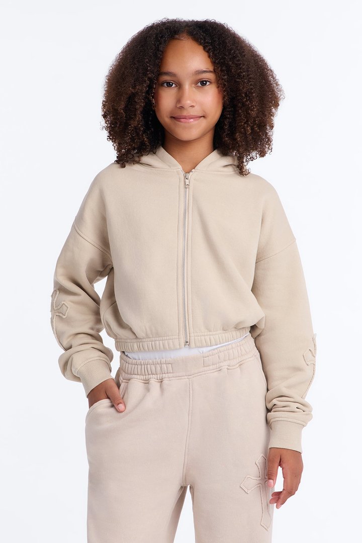 Mini Don't Cross Me Washed Fleece Lounge Hoodie - Stone