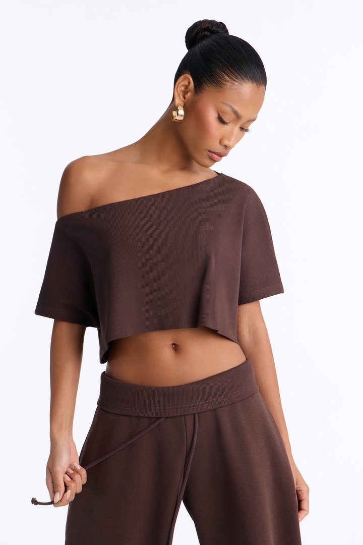 Mila Off Shoulder Top And Sweatpant Set - Chocolate