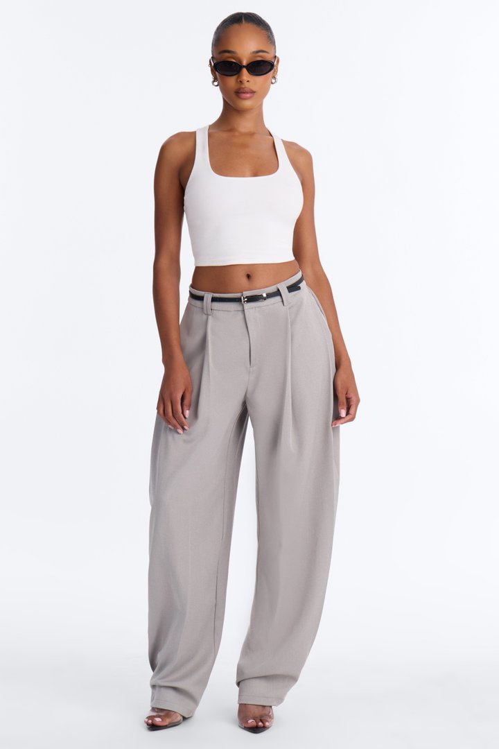 Kate Side Pleated Button Cuff Trouser - Light Grey