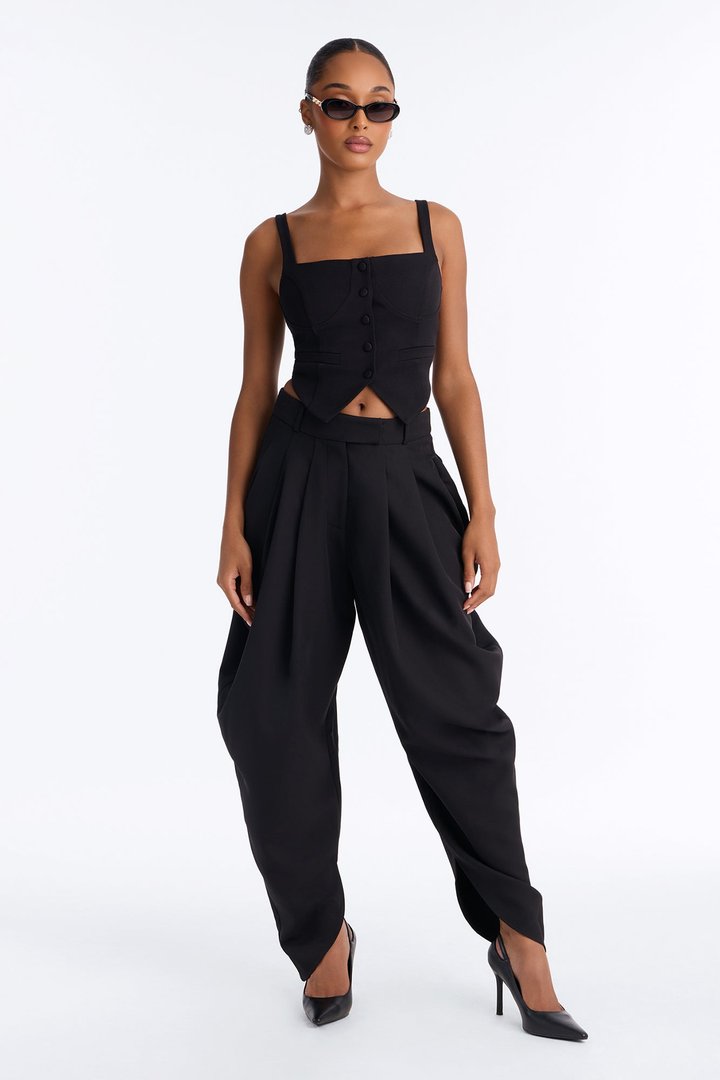 Boheme High Waisted Flowy Pleated Barrel Leg Trouser - Black