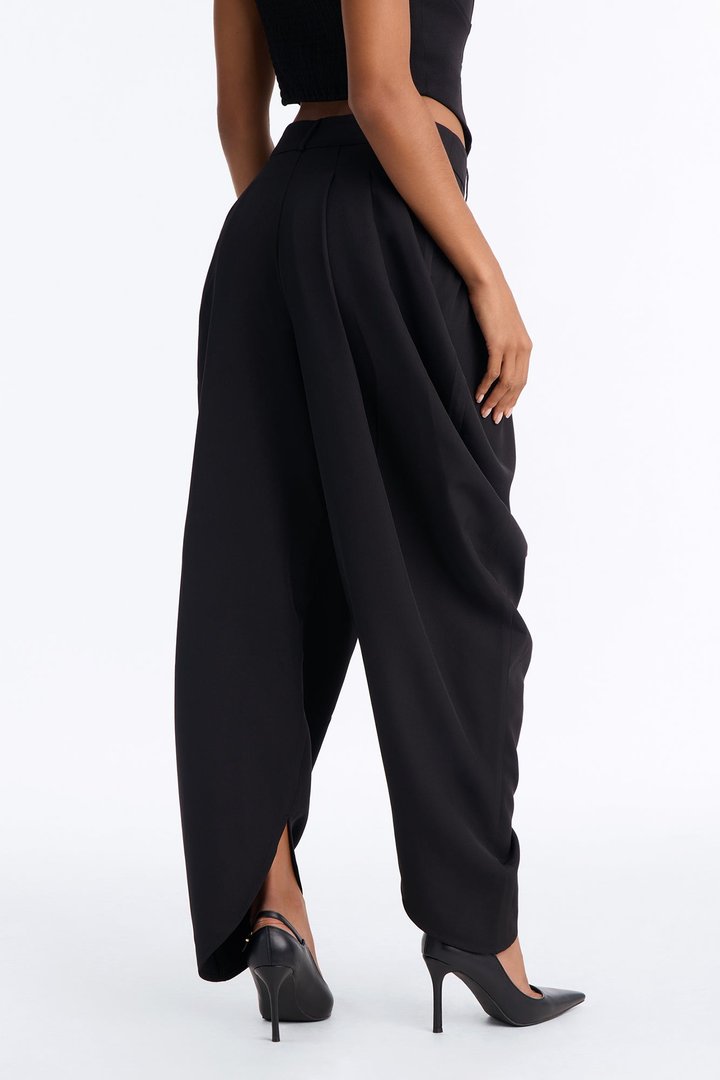 Boheme High Waisted Flowy Pleated Barrel Leg Trouser - Black