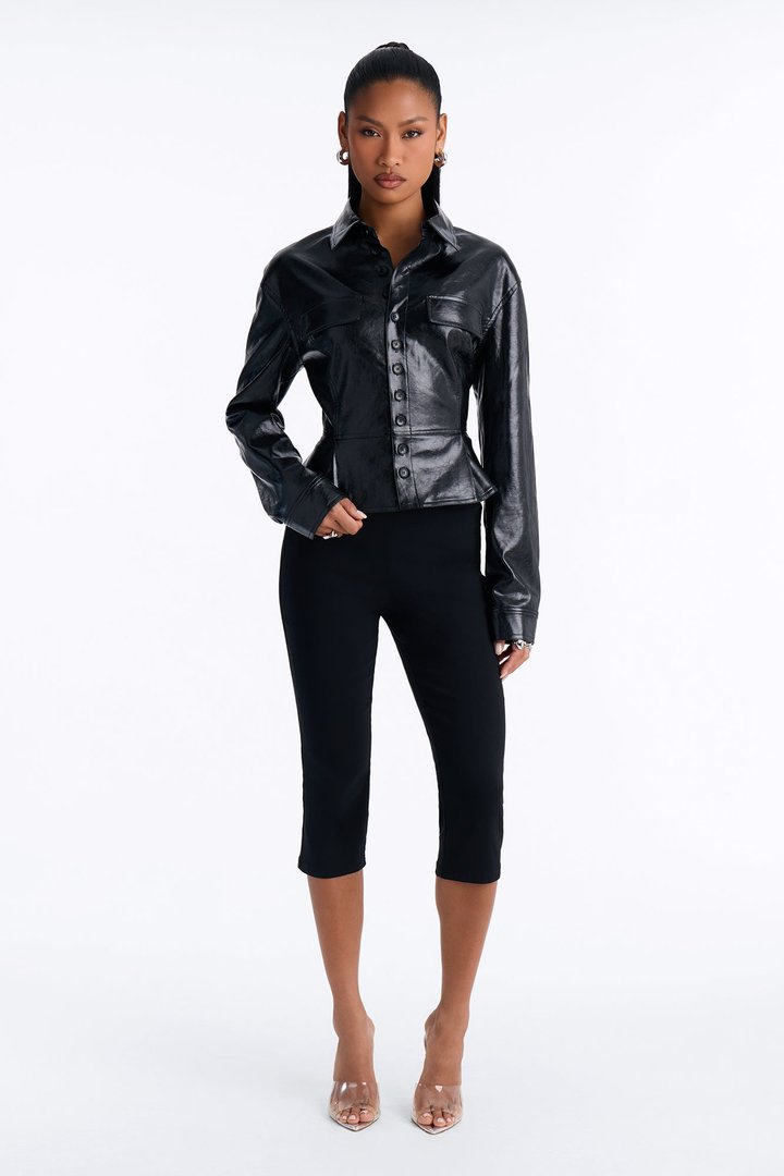 Sara Fitted Faux Leather Shacket - Black