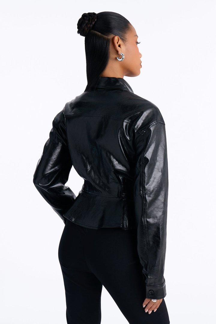 Sara Fitted Faux Leather Shacket - Black