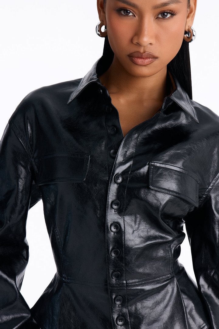 Sara Fitted Faux Leather Shacket - Black