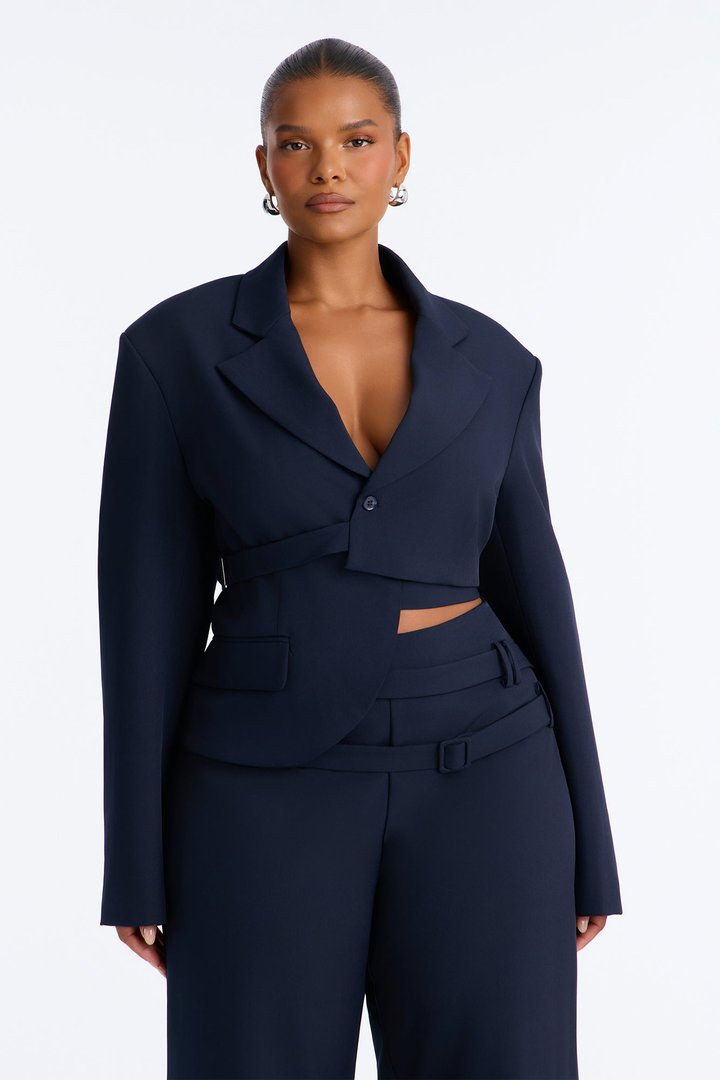 Roxie Asymmetrical Cropped Belted Waist Blazer - Navy