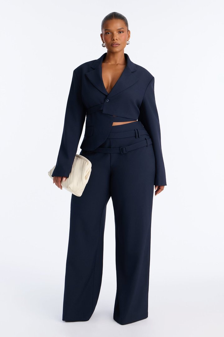 Roxie Asymmetrical Cropped Belted Waist Blazer - Navy