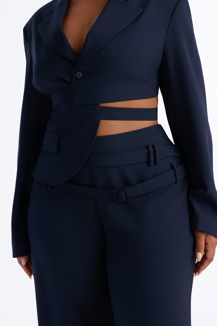 Roxie Asymmetrical Cropped Belted Waist Blazer - Navy