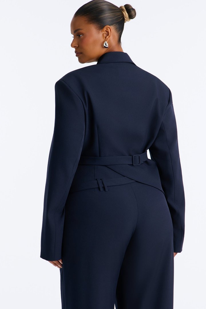 Roxie Asymmetrical Cropped Belted Waist Blazer - Navy