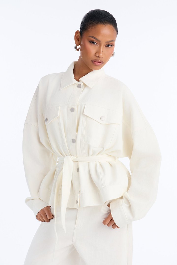 Hitting The Town Twill Belted Jacket - Ivory