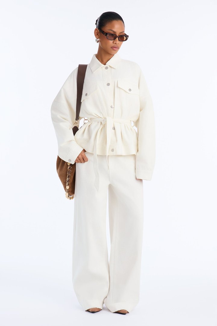 Hitting The Town Twill Belted Jacket - Ivory