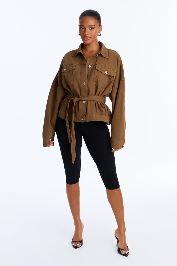 Hitting The Town Twill Belted Jacket - Military Green