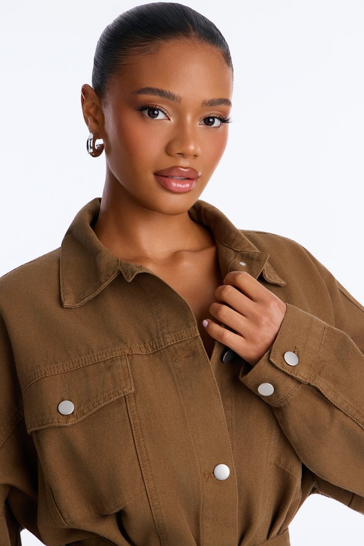Hitting The Town Twill Belted Jacket - Military Green