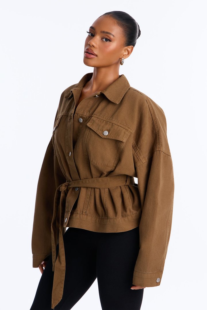 Hitting The Town Twill Belted Jacket - Military Green