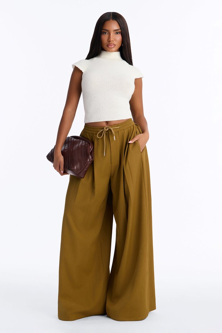 Heidi High Rise Wide Leg Pleated Drawstring Trouser - Olive
