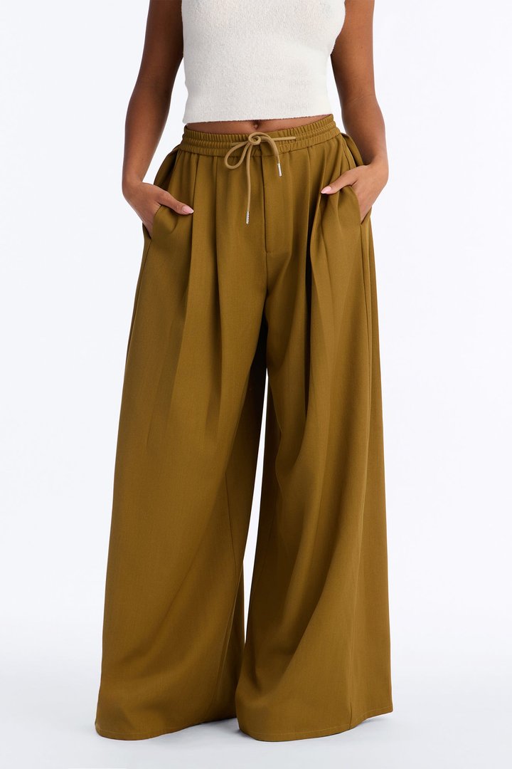 Heidi High Rise Wide Leg Pleated Drawstring Trouser - Olive