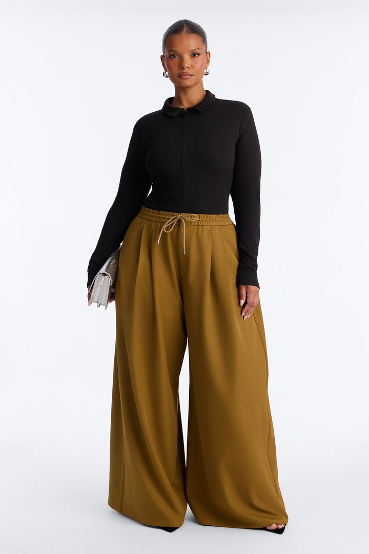 Heidi High Rise Wide Leg Pleated Drawstring Trouser - Olive