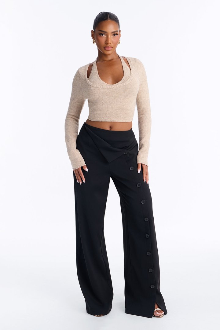 Ace Low Rise Button Front Foldover Detail Trouser - Black