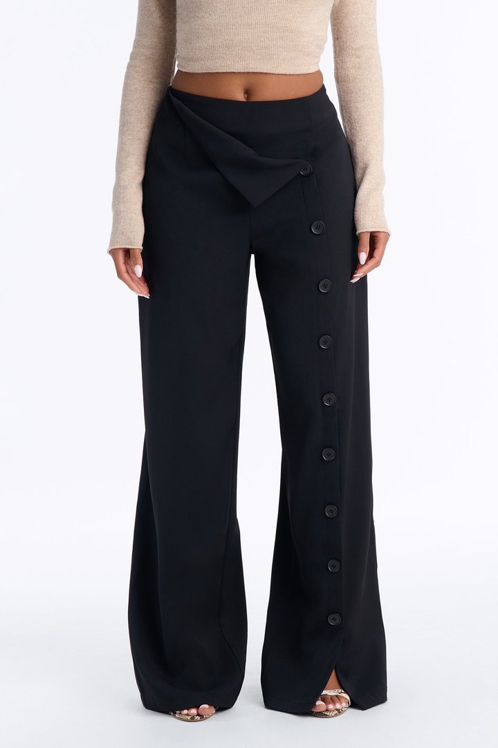 Ace Low Rise Button Front Foldover Detail Trouser - Black