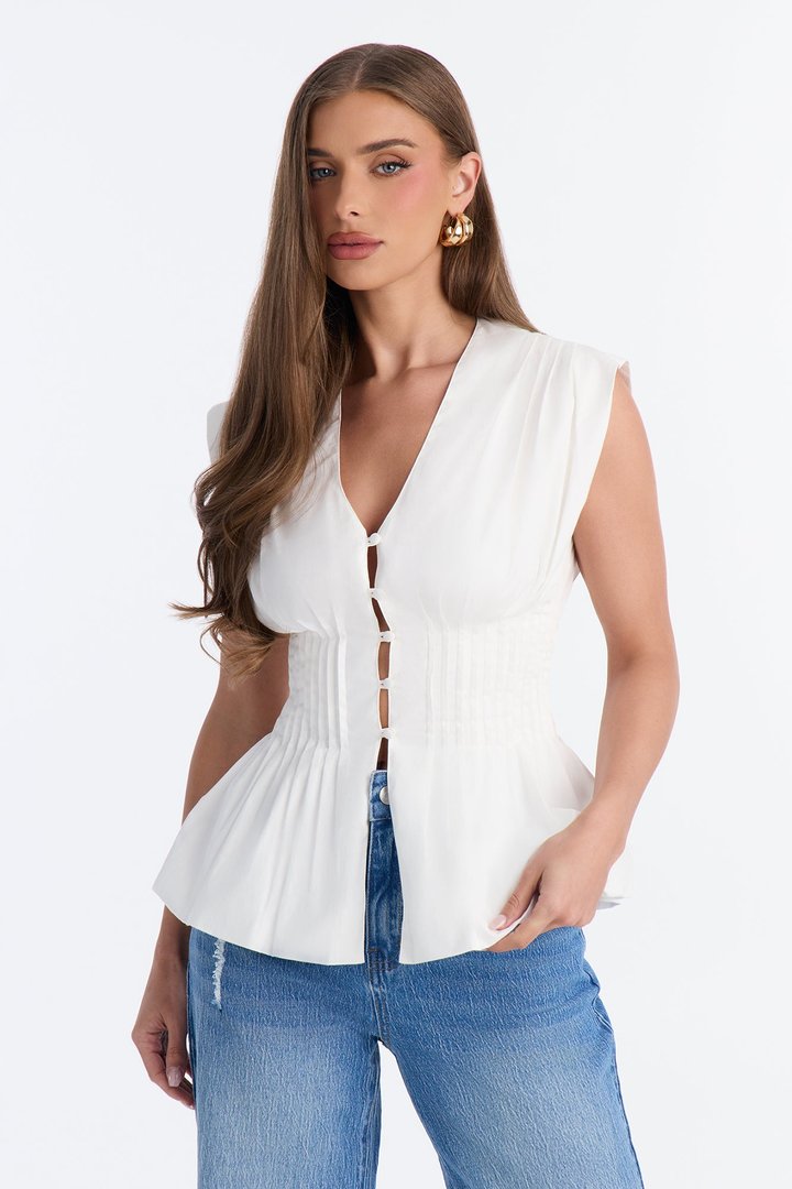 Priscilla Cinched Waist Sleeveless Top - White